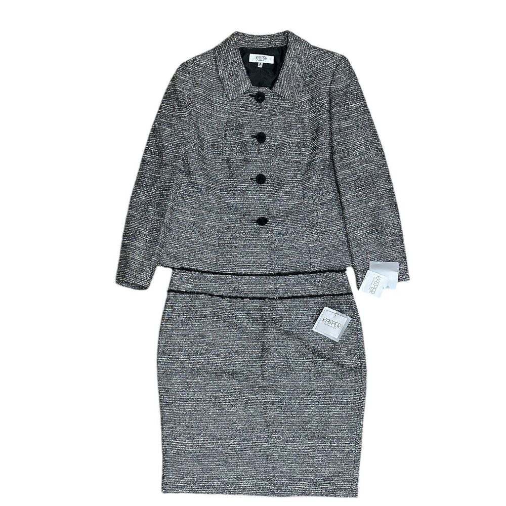 NWT Kasper Blazer Skirt Suit Size 16 Tweed Black 2 Pc Set Business $208 RETAIL